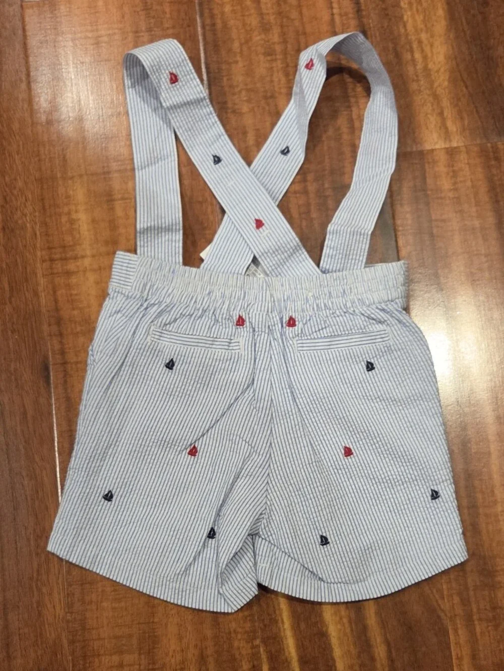 Janie and Jack NWT 6-12 Months Navy Seersucker Sailboat Suspender Shortalls